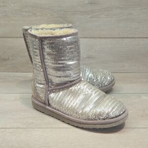 Ugg Australia Sequin Silver Boots with Fur Lining Insulated Boots Shoes Sz 5